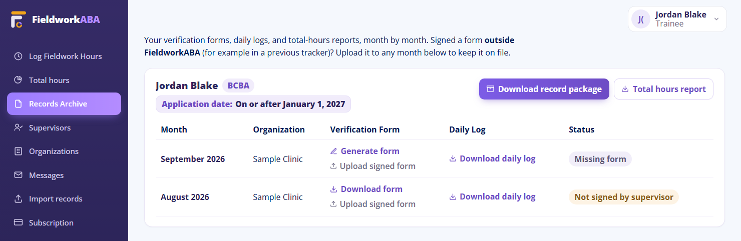 The Records Archive listing each month with its verification form, daily log and status.