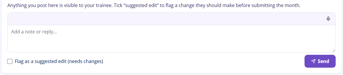 The feedback panel on a month, visible to the trainee, with a checkbox to flag a note as a suggested edit.