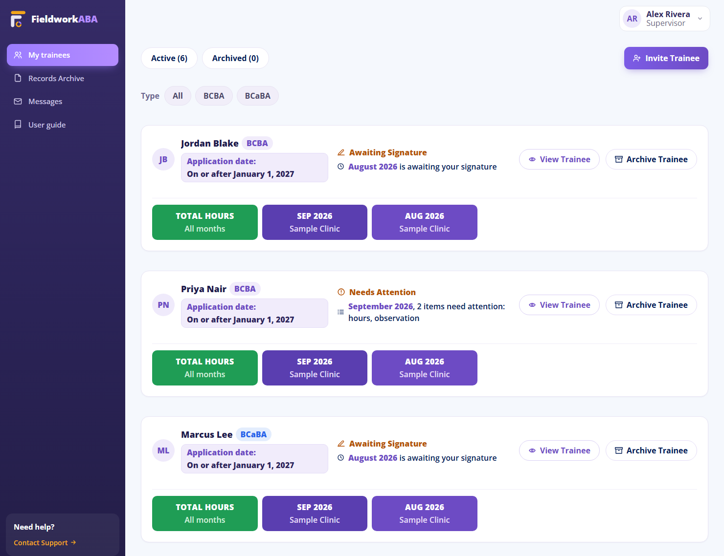 A supervisor dashboard listing each trainee with what needs signing or attention.
