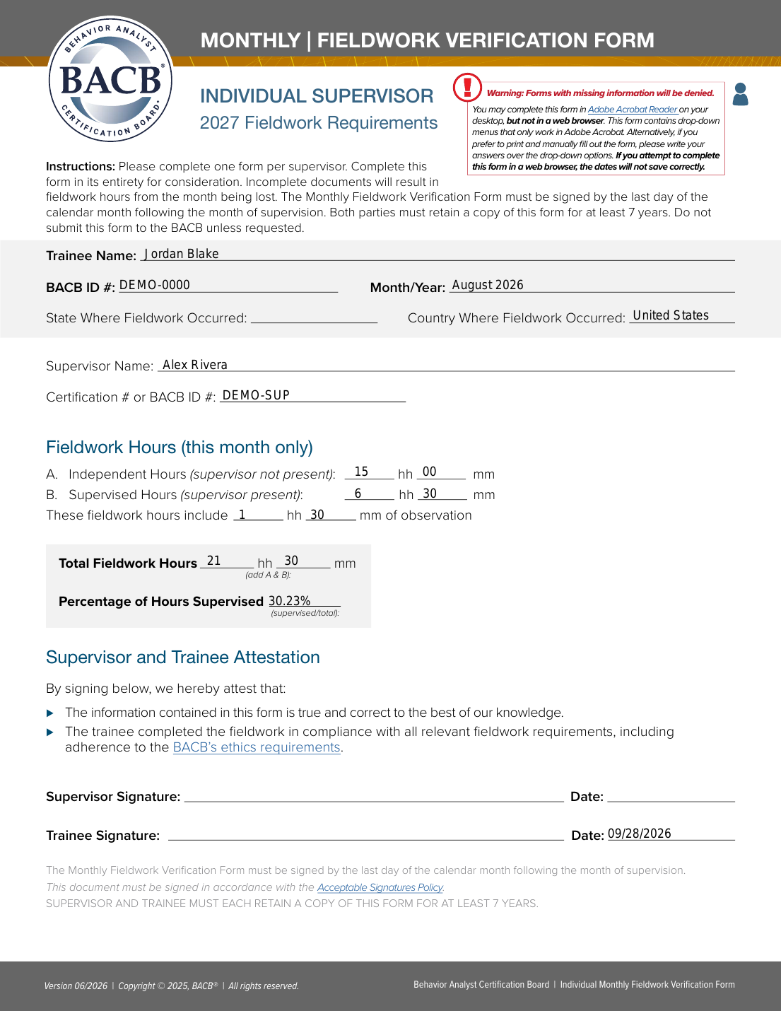 A completed BACB Monthly Fieldwork Verification Form, filled from the month's logged hours.