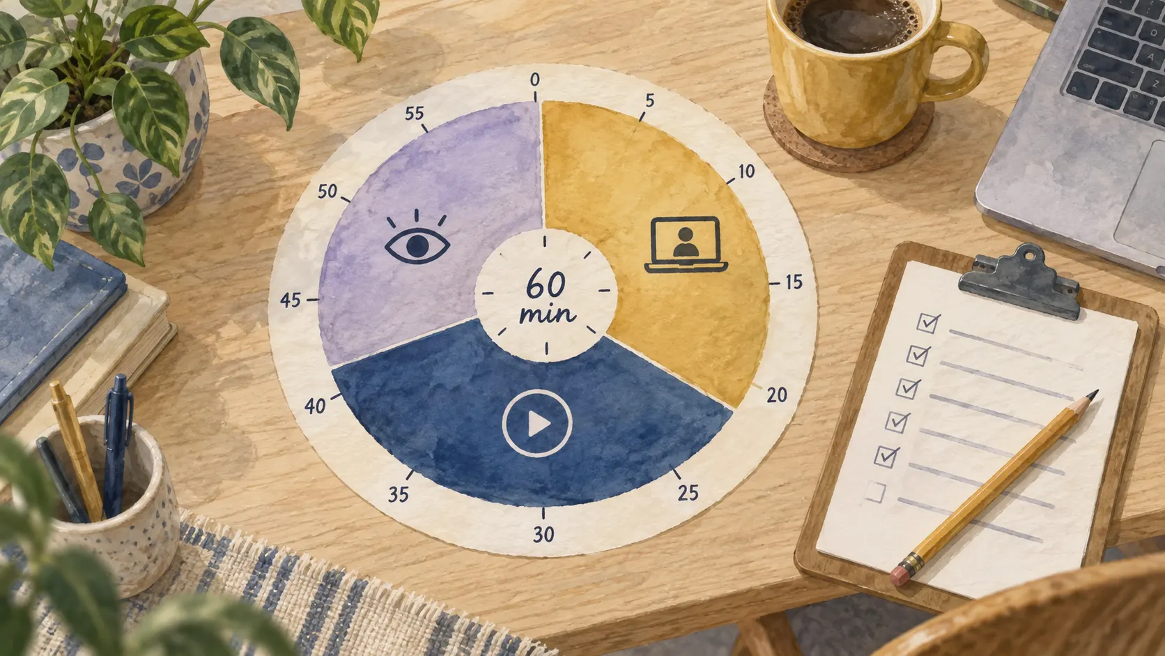 A watercolor dial on a desk marked from 0 to 60 minutes, filled with three segments for in person, live video and recorded observation, with 60 min in the center.