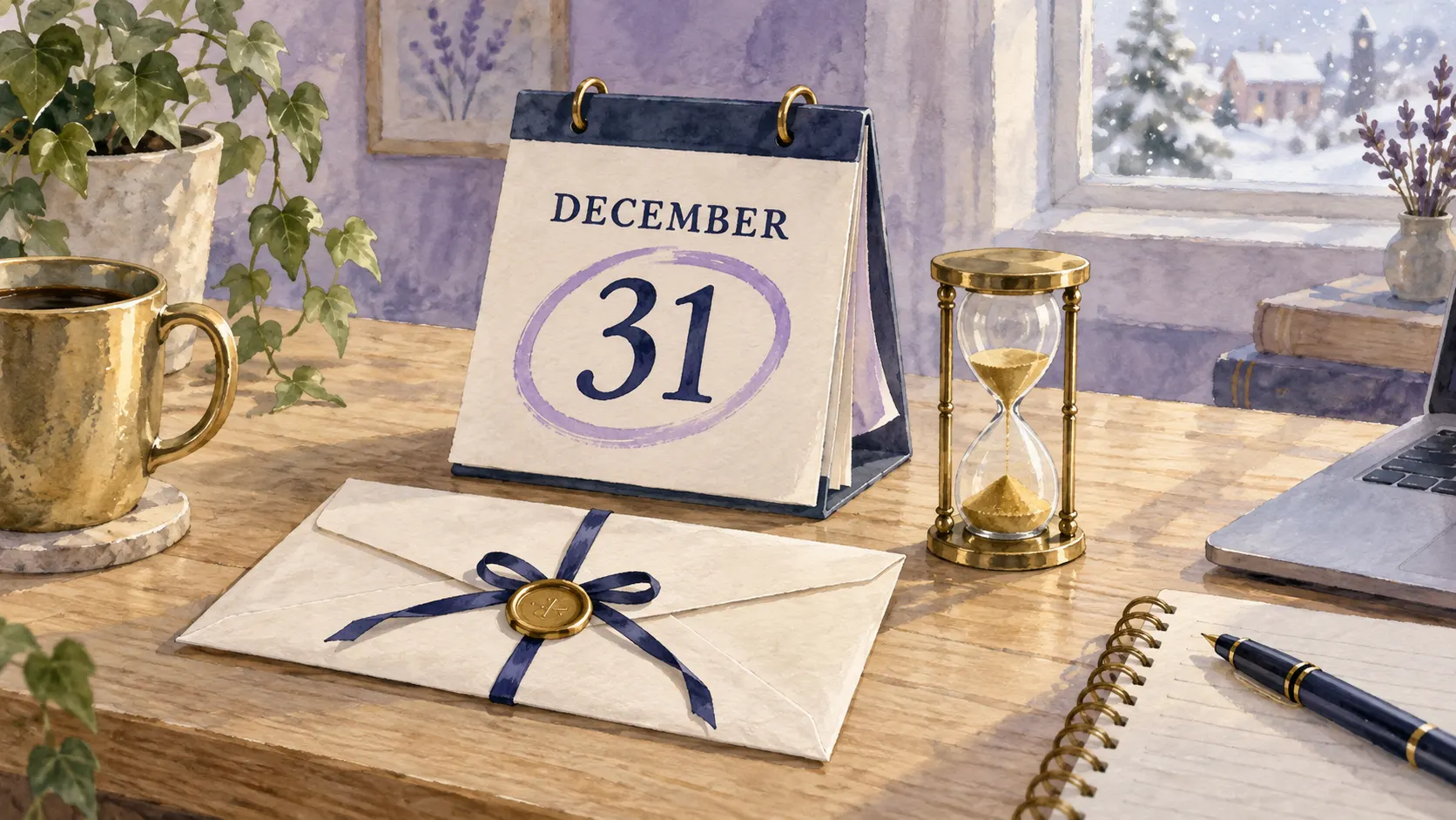 A watercolor desk calendar showing December 31 circled in violet, beside a sealed envelope tied with a navy ribbon and a brass hourglass, with snow outside the window.