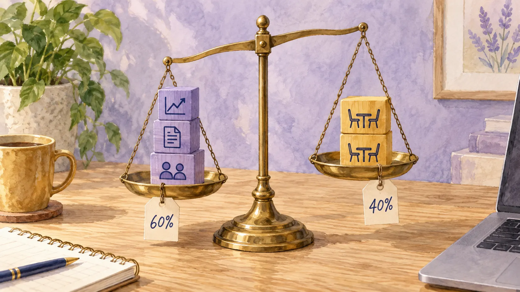 A watercolor brass balance scale on a desk with three violet blocks tagged 60% outweighing two gold blocks tagged 40%.