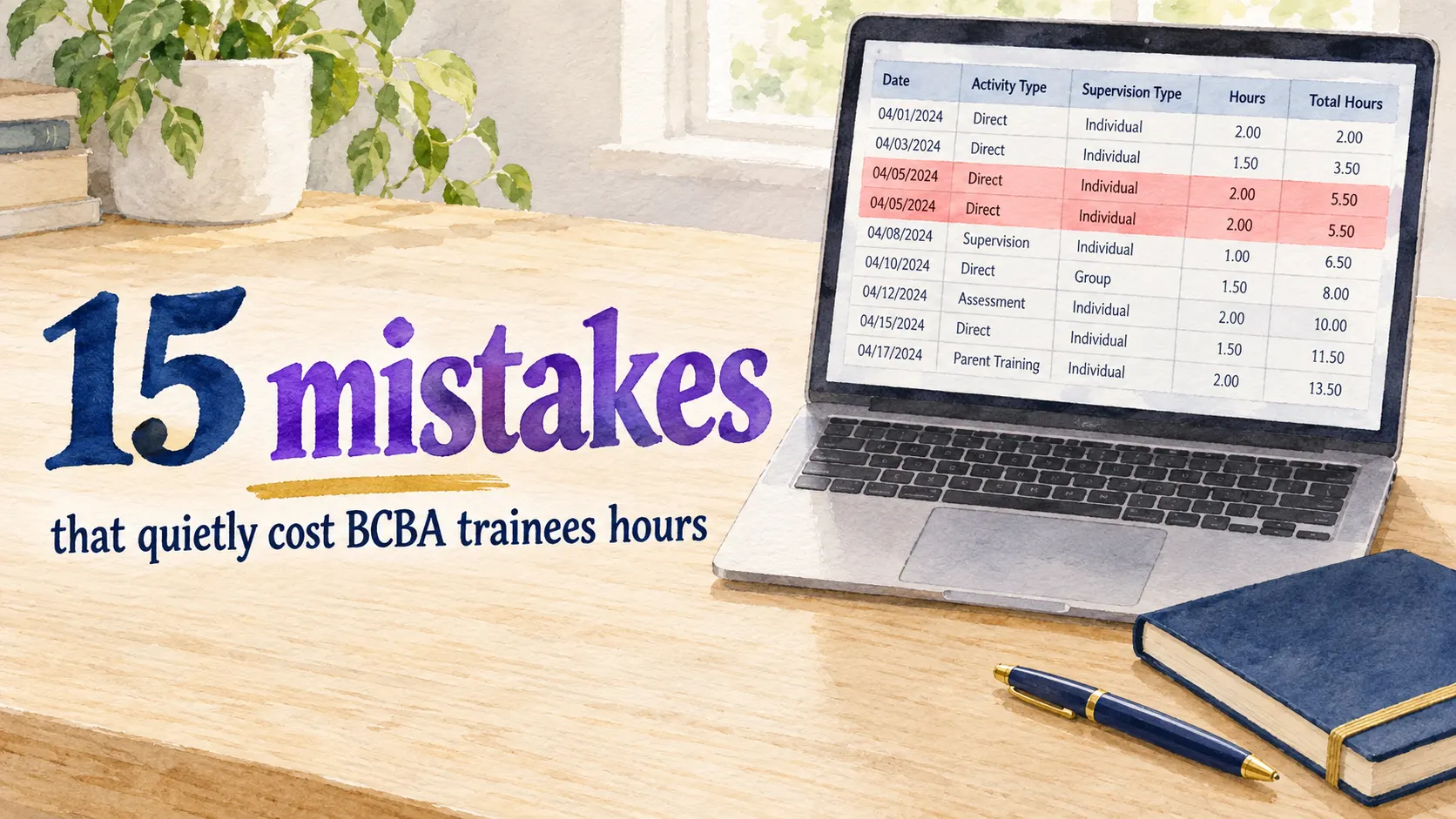 Cover reading 15 mistakes that quietly cost BCBA trainees hours, and the five-minute check that catches them, set over faint ruled rows suggesting an hours log.