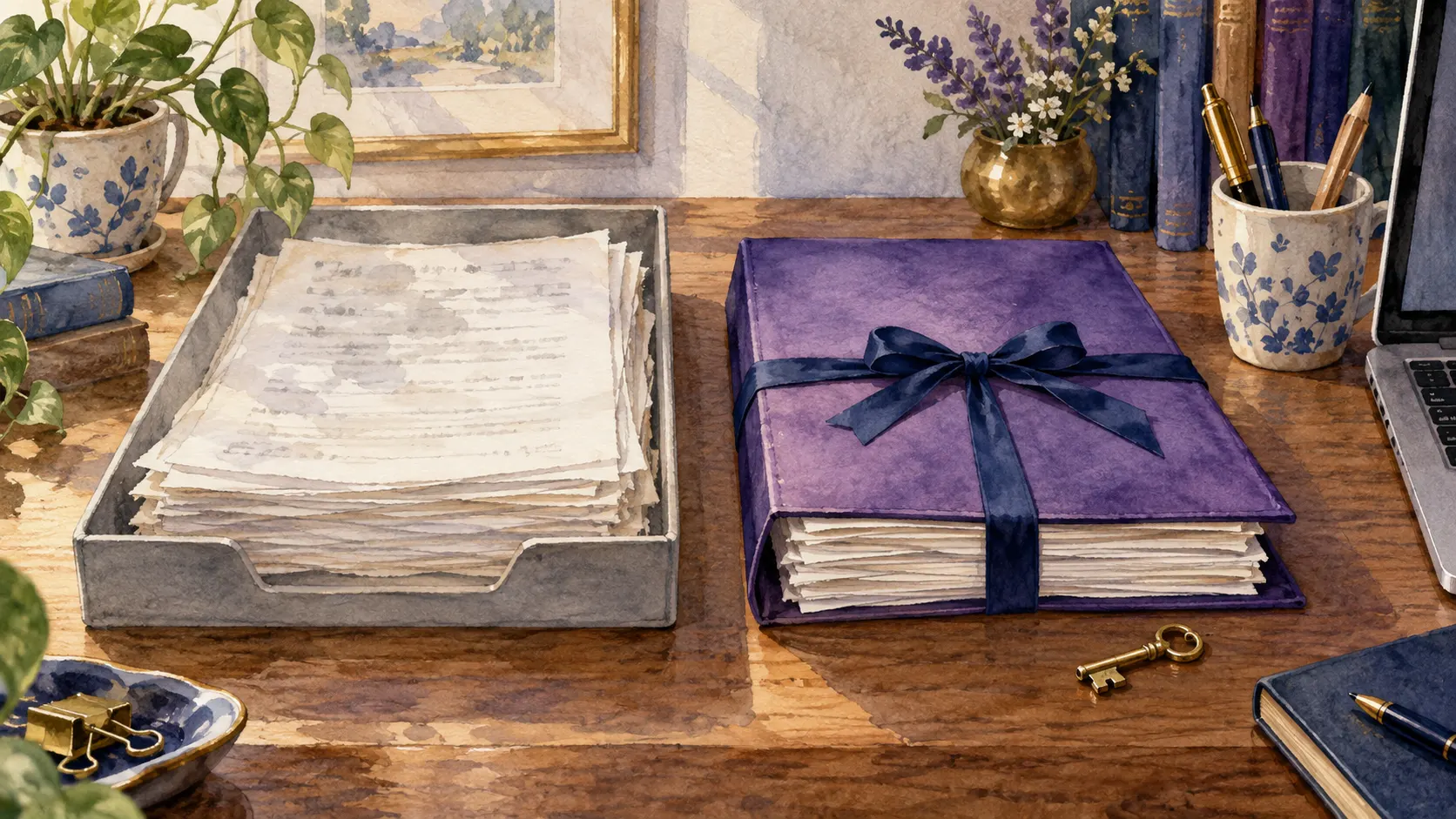A watercolor desk with the same set of papers twice: a plain grey office tray holding a pale, faded stack, and beside it a violet folder tied with a navy ribbon holding a crisp copy, with a small brass key resting on the desk.