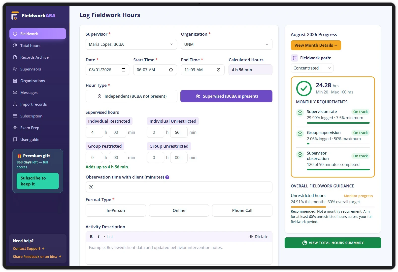 The FieldworkABA hour logging screen with the monthly BACB requirements panel