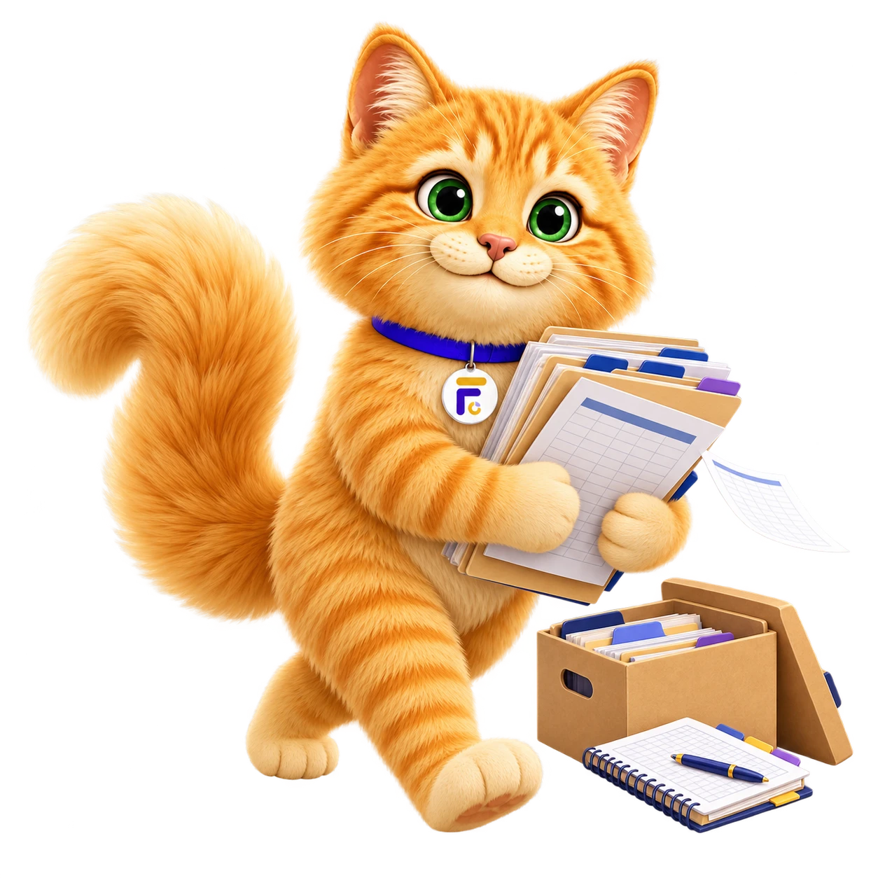 Muffin, the FieldworkABA cat, carrying fieldwork records, folders and an archive box