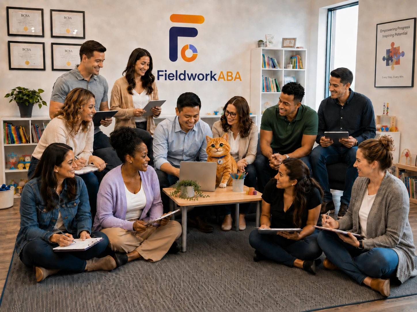 ABA clinic team reviewing supervised fieldwork records with Muffins, the FieldworkABA mascot.