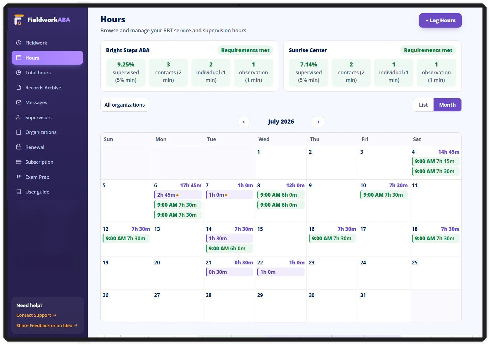 The RBT hours calendar in FieldworkABA